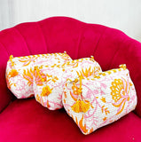3-Piece Quilted Cotton Washbag Set – Soft, Stylish & Travel-Ready White with mustard and pink