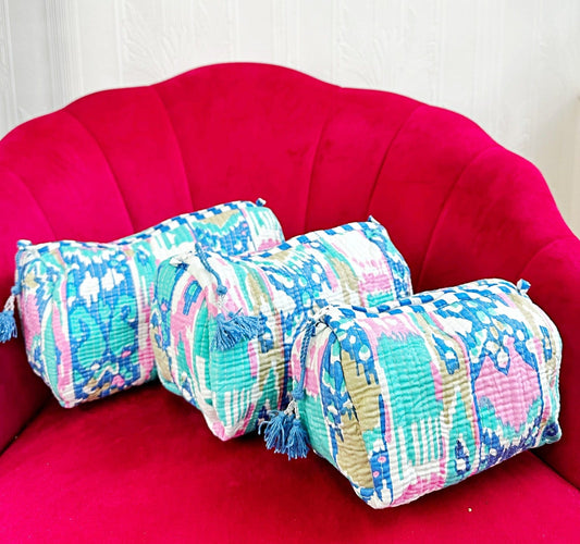 3-Piece Quilted Cotton Washbag Set – Soft, Stylish & Travel-Ready blue pink mix