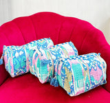 3-Piece Quilted Cotton Washbag Set – Soft, Stylish & Travel-Ready blue pink mix