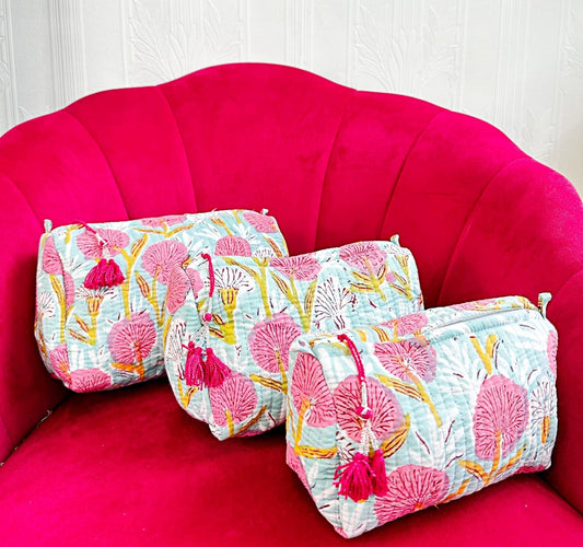 3-Piece Quilted Cotton Washbag Set – Soft, Stylish & Travel-Ready pink marigold