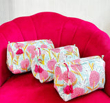 3-Piece Quilted Cotton Washbag Set – Soft, Stylish & Travel-Ready pink marigold