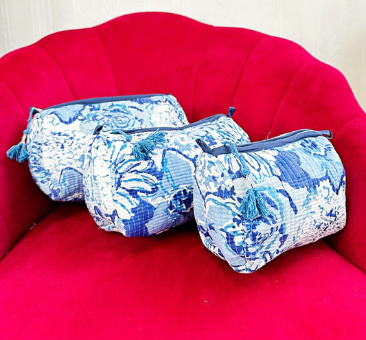 3-Piece Quilted Cotton Washbag Set – Soft, Stylish & Travel-Ready Blue white mix
