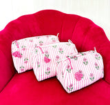 3-Piece Quilted Cotton Washbag Set – Soft, Stylish & Travel-Ready pink with small motif ans stripe