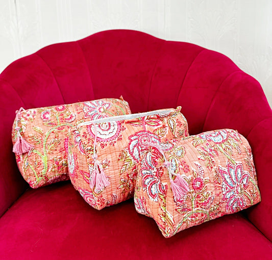 3-Piece Quilted Cotton Washbag Set – Soft, Stylish & Travel-Ready Peach flora