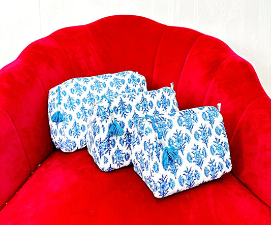 3-Piece Quilted Cotton Washbag Set – Soft, Stylish & Travel-Ready White with small blue motif
