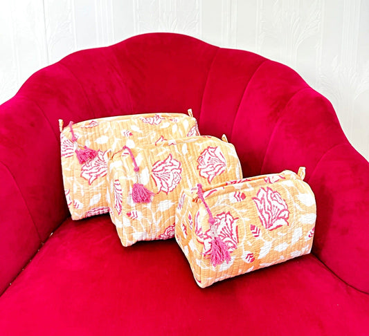 3-Piece Quilted Cotton Washbag Set – Soft, Stylish & Travel-Ready Dull yellow with pink