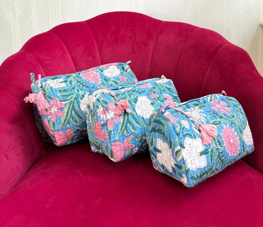 3-Piece Quilted Cotton Washbag Set – Soft, Stylish & Travel-Ready Sky blue with pink flowers