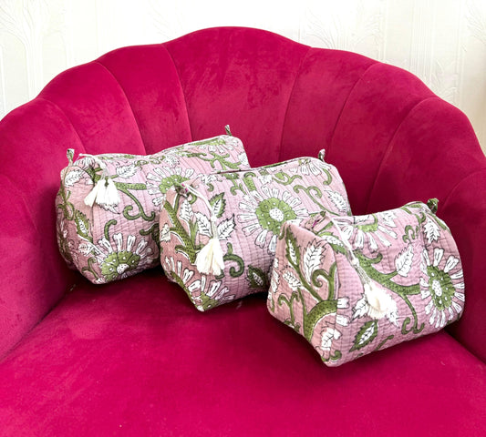 3-Piece Quilted Cotton Washbag Set – Soft, Stylish & Travel-Ready Dull pink with green