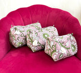 3-Piece Quilted Cotton Washbag Set – Soft, Stylish & Travel-Ready Dull pink with green