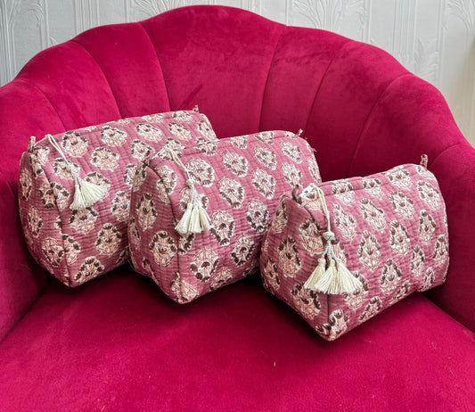 3-Piece Quilted Cotton Washbag Set – Soft, Stylish & Travel-Ready Pink with beige small motif