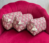 3-Piece Quilted Cotton Washbag Set – Soft, Stylish & Travel-Ready Pink with beige small motif