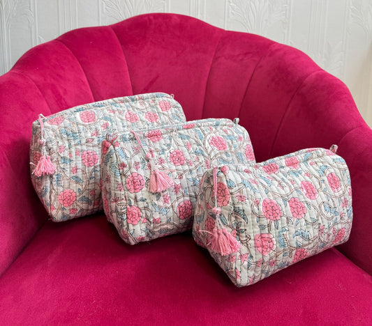 3-Piece Quilted Cotton Washbag Set – Soft, Stylish & Travel-Ready Grey pink