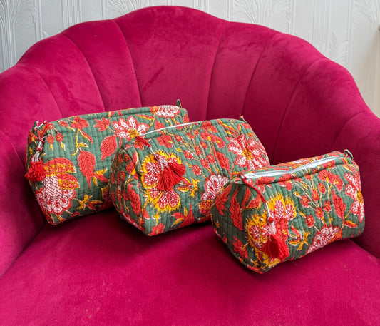 3-Piece Quilted Cotton Washbag Set – Soft, Stylish & Travel-Ready Olive green with red flowers