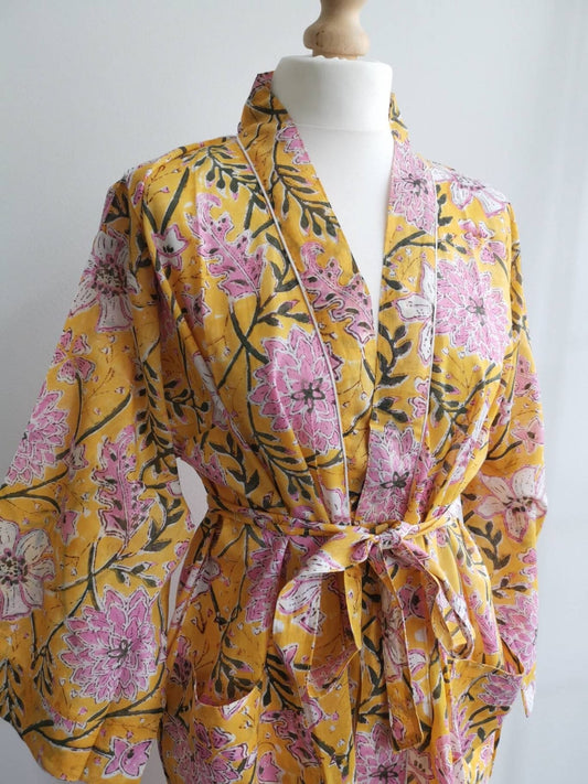 Pure Cotton Block printed Summer Yellow Pink Gardenia Botanical