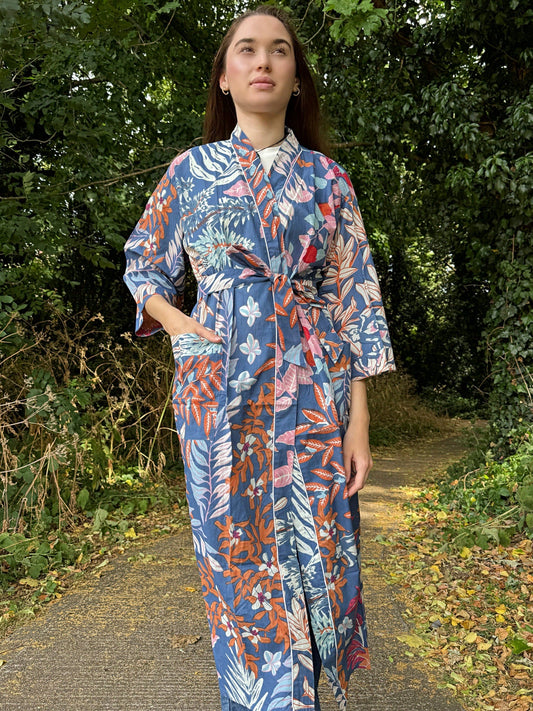 Pure Cotton Block printed Dressing Boho Kimono Regal blue floral