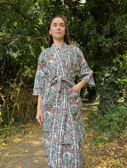 Pure Cotton Block printed White green Persian Garden look