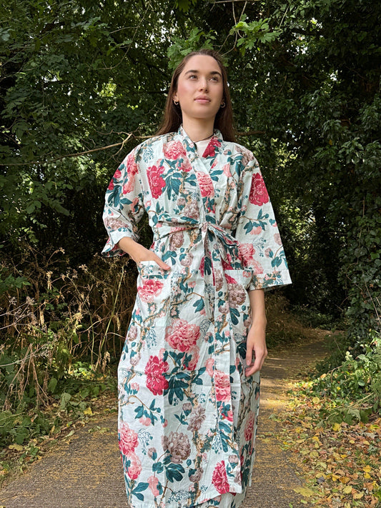 Pure Cotton Block printed Summer Kimono Floral Beach Coverup/Comfy Maternity Rose Pastel White Vintage English High Tea