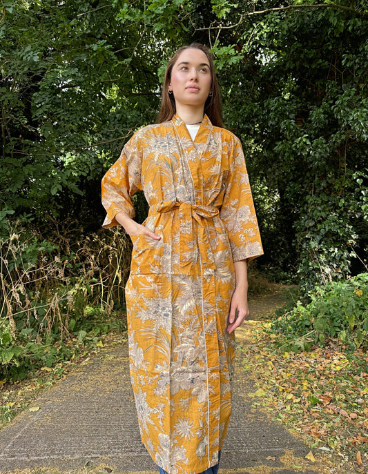 Pure Cotton Block printed Summer Bright Musted Beige Oriental Floral Blossom Desire Gardenia