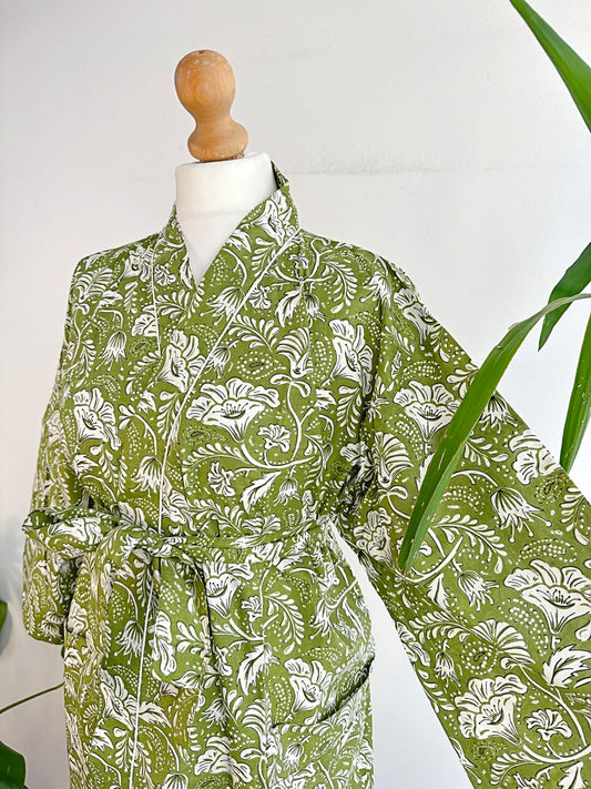 Pure Cotton Block printed Elegant Green white floral Gardenia