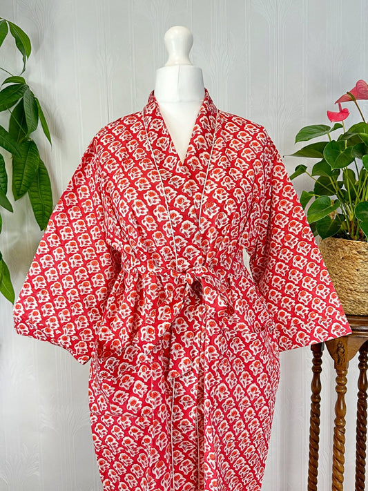 Pure Cotton Block printed Red White Mughal Mini Motif Gardenia Beach Coverup