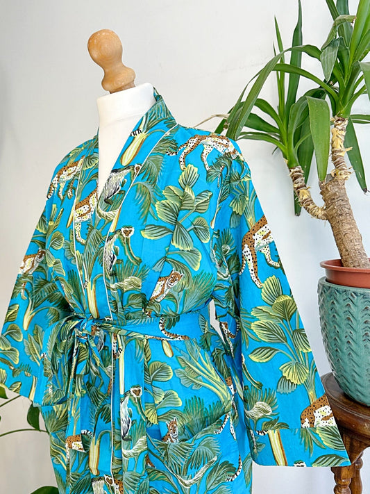 Pure Cotton Block printed Sky blue Green Safari Leopard Giraffe Jungle