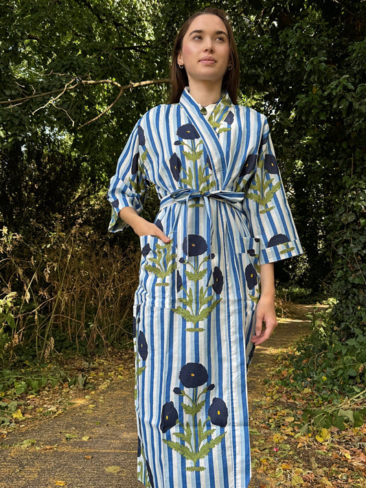 Pure Cotton Block printed Blue whiter beautiful big floral print