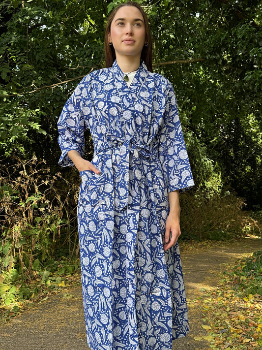 Pure Cotton Block printed Blue White Dahlia Blossom Gardenia Botanical Floral