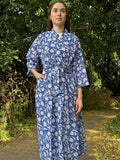 Pure Cotton Block printed Blue White Dahlia Blossom Gardenia Botanical Floral