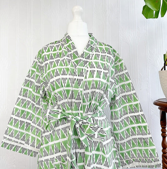 Pure Cotton Block printed Spring Green White Black Triangle Geometric