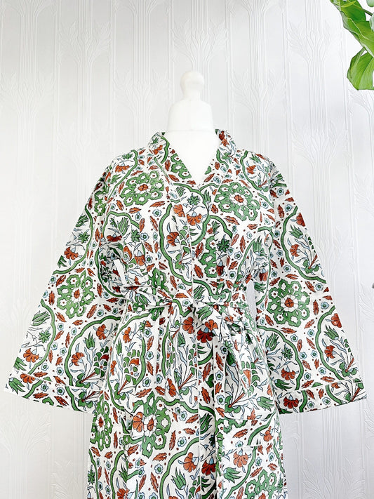 Pure Cotton Block printed Spring Green White Rust Geometric Tile Pattern
