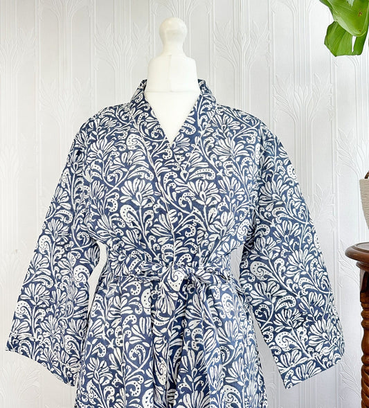 Pure Cotton Block printed Spring Blue White Floral All Over bloom Pattern