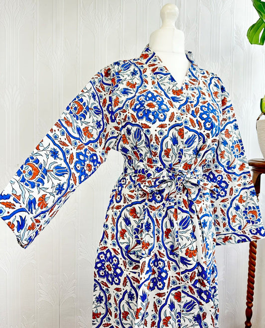 Pure Cotton Block printed Spring Blue White Rust Geometric Tile Pattern