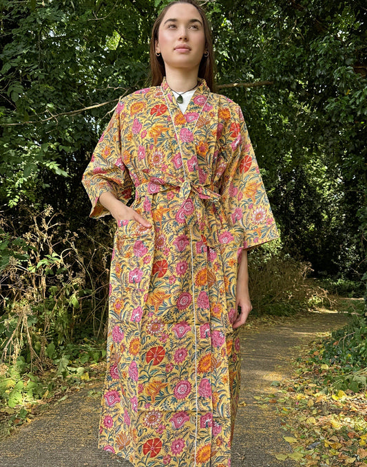 Pure Cotton Block printed Spring Soft Yellow Pink Orange