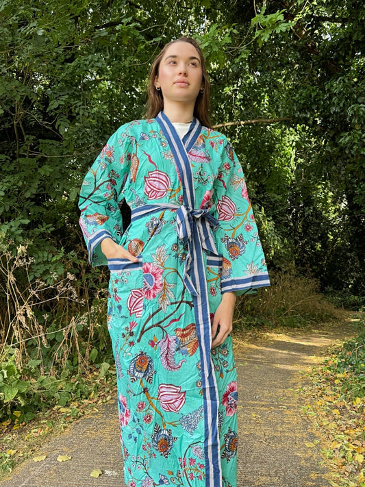 Pure Cotton Block printed Blue Paradise Spring Exotic Lovers Stripe