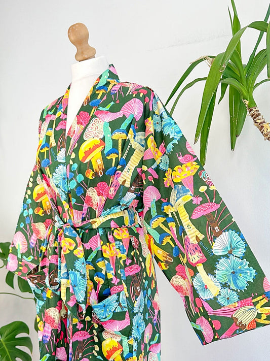 Pure Cotton Block printed Green Pink Aqua Yellow Bohemian Paradise/Bright Blue Quirky Pink Yellow Festival