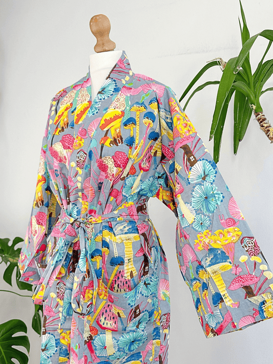 Pure Cotton Block printed Grey mushroom Yellow Bohemian Paradise/Bright Blue Quirky Pink Yellow Festival