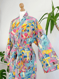 Pure Cotton Block printed Grey mushroom Yellow Bohemian Paradise/Bright Blue Quirky Pink Yellow Festival
