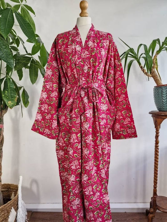 Pure Cotton Block printed Hot Pink Love Green Gardenia Bloom | UK 18 – 24
