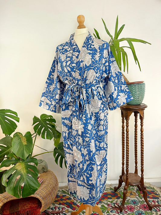 Pure Cotton Block printed Blue white Love Gardenia Bloom | UK 18 – 24