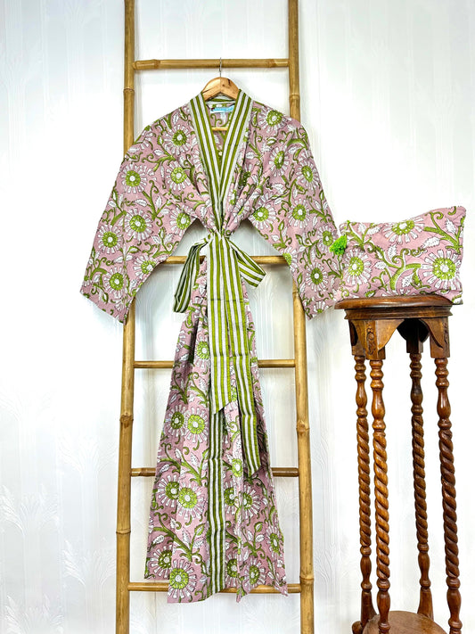 Pure Cotton Block printed Happy Blue Pink Green Gardenia Blossom Summer Dream