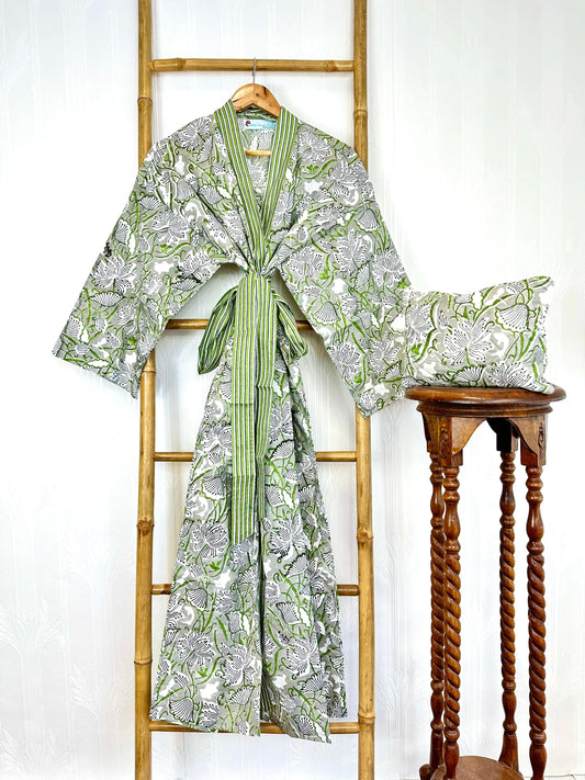 Pure Cotton Block printed Happy White Green Gardenia Blossom Summer Dream