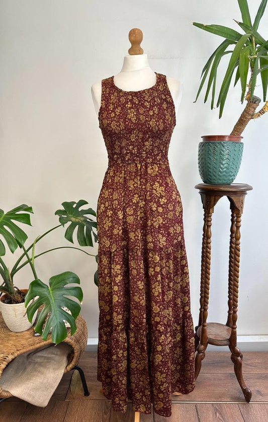 Maxi Tier Paisley Emerald Brown Bodice Racer Oriental Floral Silky Blend Dress Elegant Comfy Daywear Casual Mommy Girly Chic Boho | Keyhole