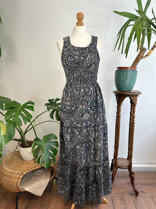 Maxi Tier Paisley Emerald Black Bodice Racer Oriental Floral Silky Blend Dress Elegant Comfy Daywear Casual Mommy Girly Chic Boho | Keyhole