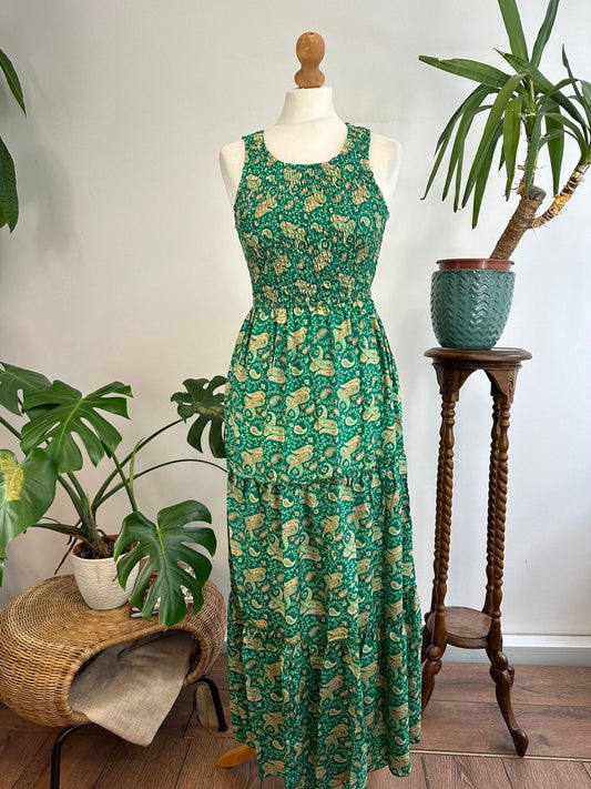 Maxi Tier Paisley Emerald Green Bodice Racer Oriental Floral Silky Blend Dress Elegant Comfy Daywear Casual Mommy Girly Chic Boho | Keyhole