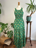 Maxi Tier Paisley Emerald Green Bodice Racer Oriental Floral Silky Blend Dress Elegant Comfy Daywear Casual Mommy Girly Chic Boho | Keyhole