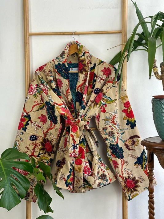 Luscious Luxurious Hip Length Shawl Collar Kimono Printed Velvet Jacket