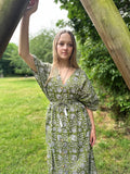 Pure Cotton Long Kaftan Dress Indian Block Print Boho Colourful Summer Earthy Elegant Comfy Daywear Mom Outfit Deep Olive Green White Floral