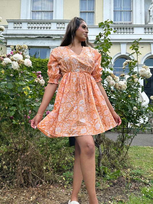 Pure Cotton Dress Indian Block Print Colourful Summer Earthy Elegant Comfy Daywear Beach Outfit Orange White Spring Dream Love