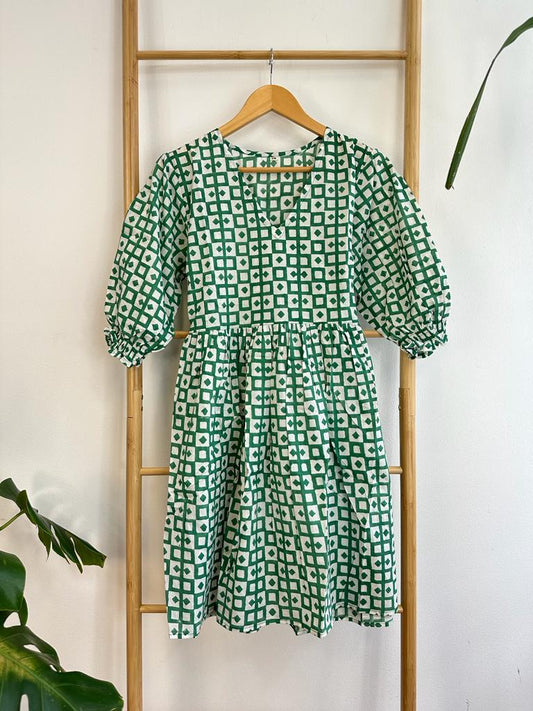 Pure Cotton Dress Indian Block Print Colourful Summer Earthy Elegant Comfy Daywear Beach Outfit Green White Spring Dream Love