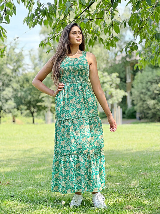 Maxi Tier Paisley Emerald Green Bodice Racer Oriental Floral Silky Blend Dress Elegant Comfy Daywear Casual Mommy Girly Chic Boho | Keyhole